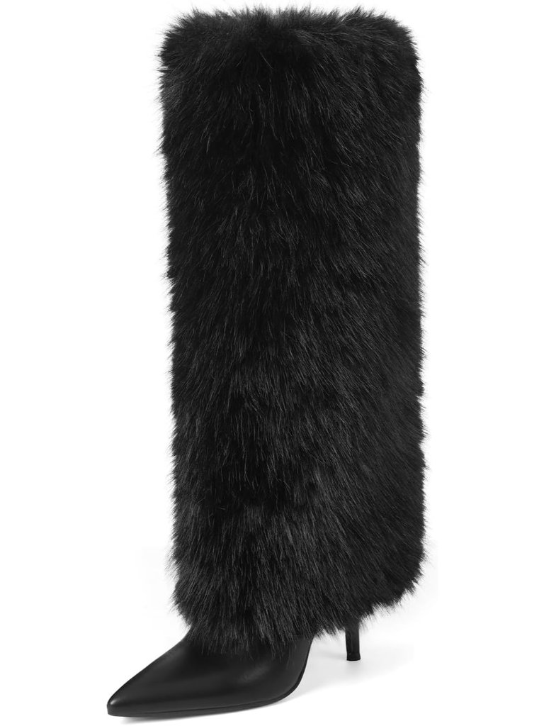 Women's Black Wide Calf Pointed Toe Stiletto High Heel Side Zip Knee High Boots